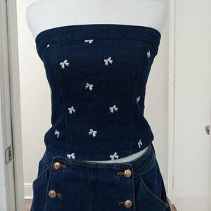 Navy denim tube top with bow embroidery